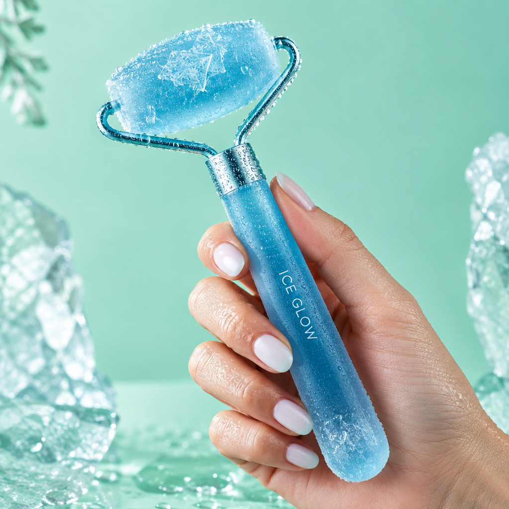Rouleau de glace givré bleu sur fond menthe fraîche avec gouttelettes de condensation