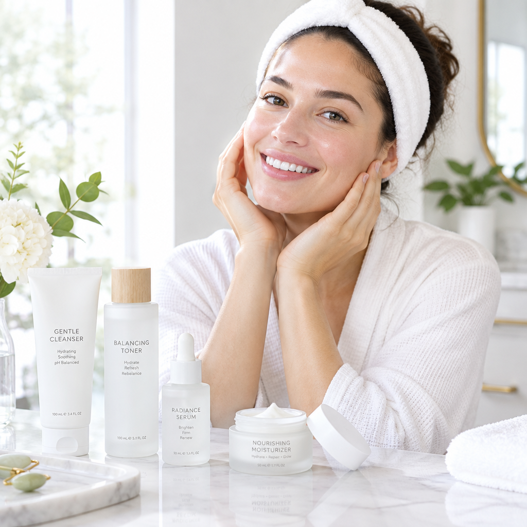Femme portant un bandeau spa blanc en éponge douce pendant sa routine beauté