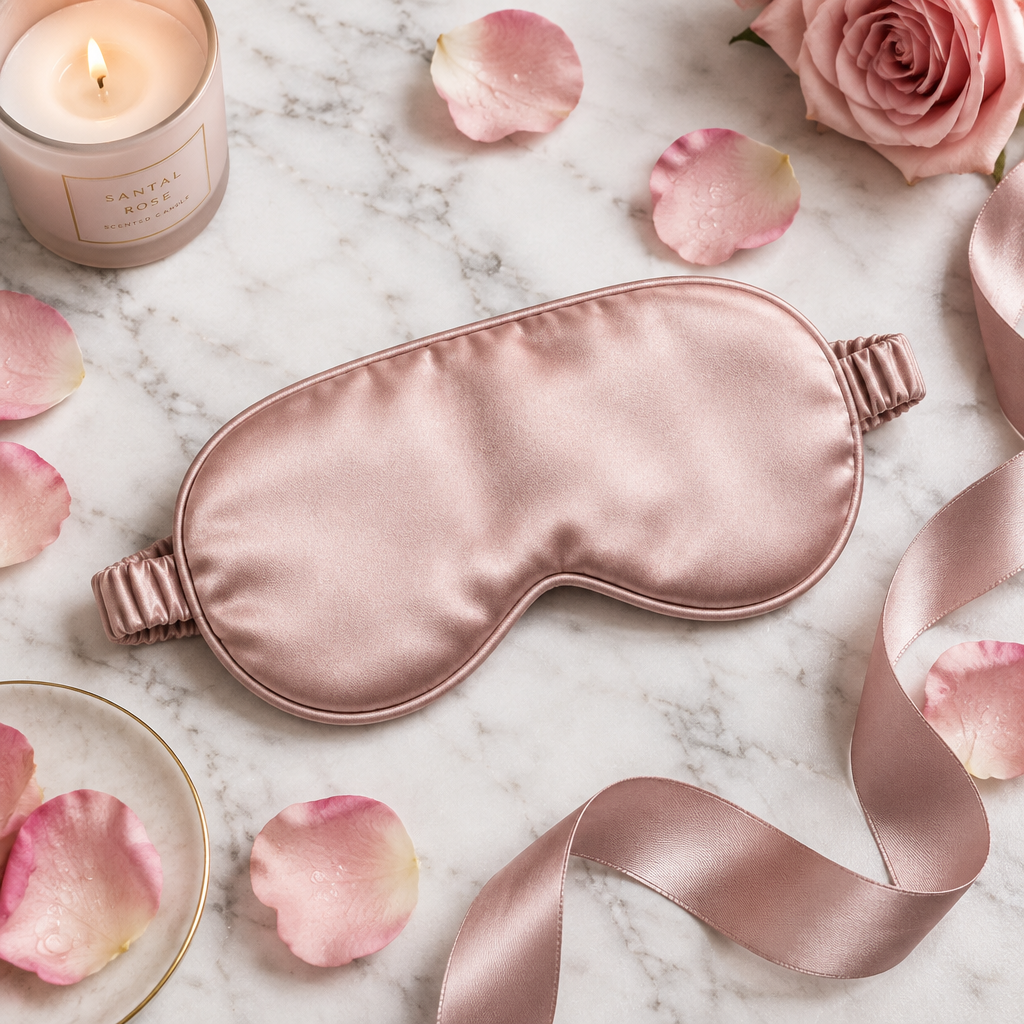 Masque de sommeil en soie rose poudré sur marbre blanc avec pétales de rose et bougie, ambiance luxueuse