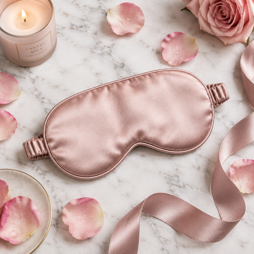 Masque de sommeil en soie rose poudré sur marbre blanc avec pétales de rose et bougie, ambiance luxueuse