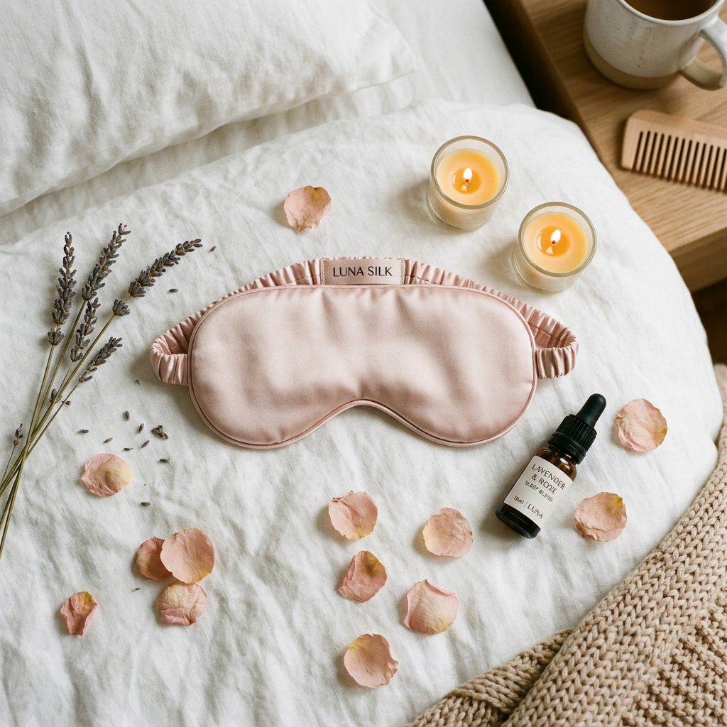 Masque de sommeil en soie rose sur literie blanche avec lavande et bougies, ambiance spa nuit