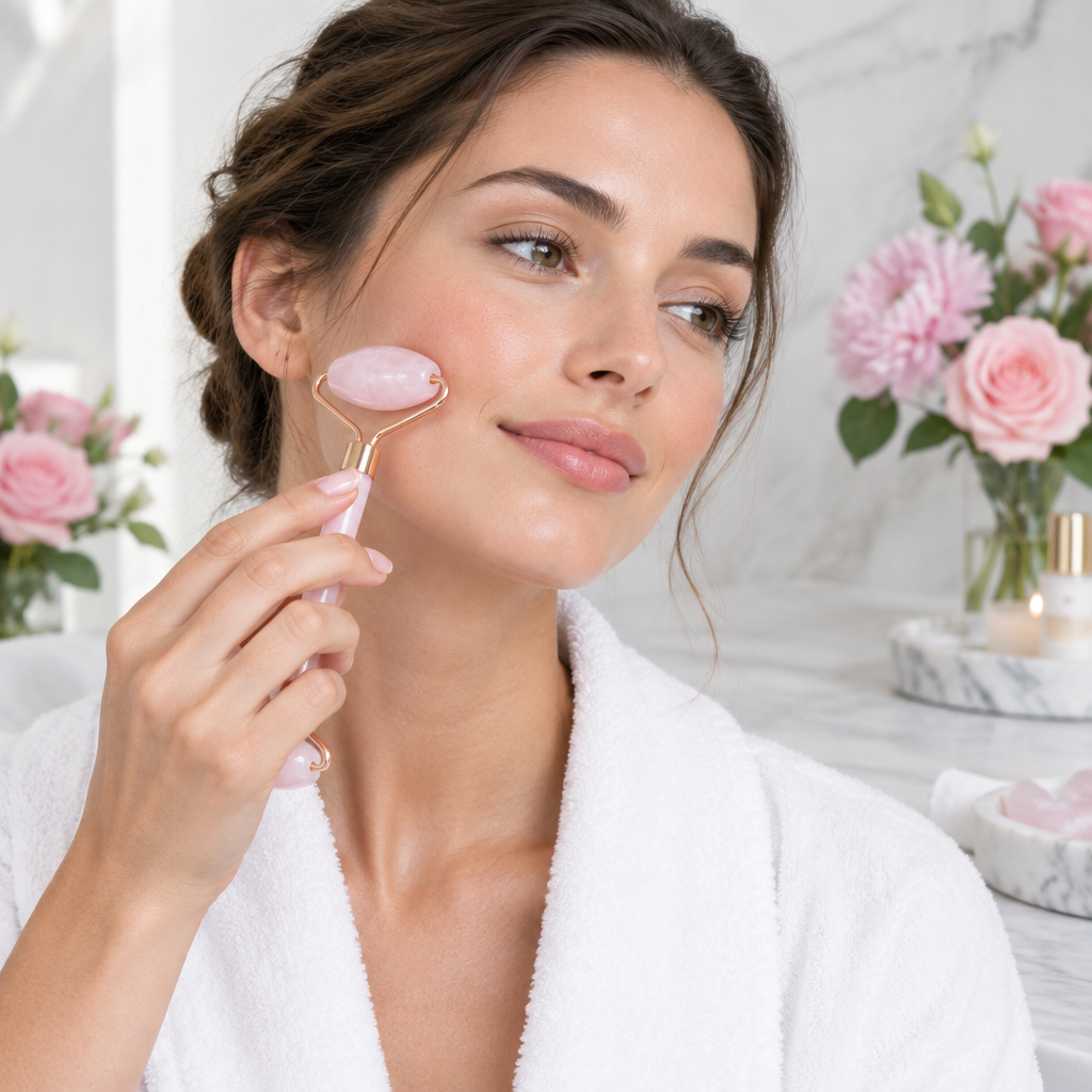 Femme utilisant un rouleau de visage en quartz rose, ambiance spa douce et lumineuse